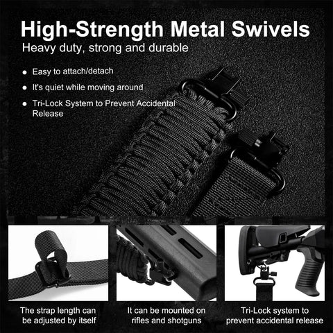 Two Point Paracord Rifle Sling With Swivels highlighting non slip texture and silent attachment for hunting.