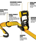 Beefed-Up Mid-Weight Ratchet Tie Down Straps 1.5 Inch By 16 Foot 3300 Pound Break Strength 4 Pack with ergonomic handle and steel hardware.
