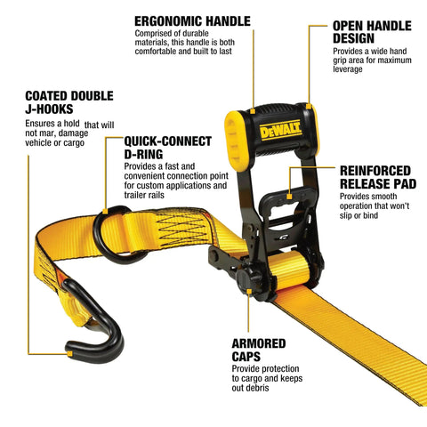 Beefed-Up Mid-Weight Ratchet Tie Down Straps 1.5 Inch By 16 Foot 3300 Pound Break Strength 4 Pack with ergonomic handle and steel hardware.
