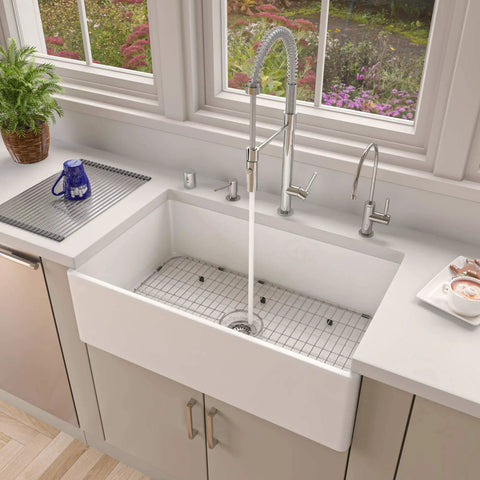 Protective Sink Grid For GR533 And AB532 AB533 Stainless Steel in farmhouse sink, ensuring surface protection and ease of cleaning.