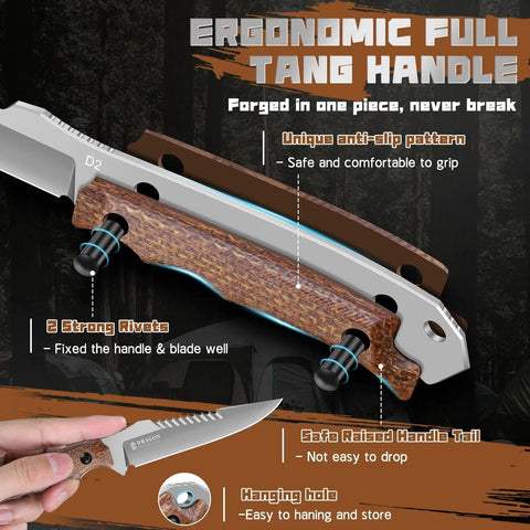 Beast Of A Fixed Blade Knife With D2 Steel Blade Toothed Spine For Outdoor Duty No Slip Grip And Rugged Full Tang Build With Dual Rivets