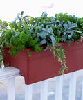 Super Sleek 24 Inch Deck Rail Planter Box With Built In Drainage Plug, UV Resistant Plastic Outdoor Planters And Flower Box For Garden Patio Balcony Fence, Sandstone Finish, Straight Up Sturdy For Any Backyard Space with herbs and greens.