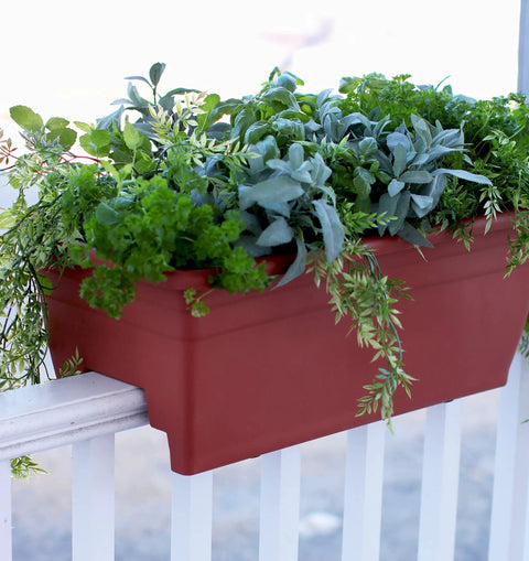 Super Sleek 24 Inch Deck Rail Planter Box With Built In Drainage Plug, UV Resistant Plastic Outdoor Planters And Flower Box For Garden Patio Balcony Fence, Sandstone Finish, Straight Up Sturdy For Any Backyard Space with herbs and greens.