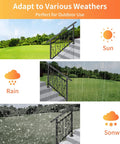 Adjustable Three Step Handrail For Outdoor Stairs With Heavy Duty Rust Resistant Zinc Steel Build and Stylish Floral Accents shown in sun, rain, and snow.
