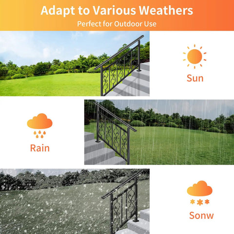 Adjustable Three Step Handrail For Outdoor Stairs With Heavy Duty Rust Resistant Zinc Steel Build and Stylish Floral Accents shown in sun, rain, and snow.