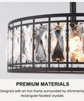 Close-up of iron frame with rectangular-faceted crystals on semi flush mount ceiling light with clear glass drum shade, rustic farmhouse fixture.