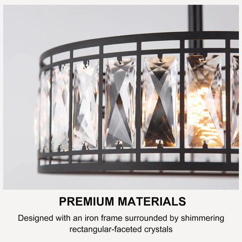 Close-up of iron frame with rectangular-faceted crystals on semi flush mount ceiling light with clear glass drum shade, rustic farmhouse fixture.