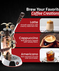 Handcrafted Italian 16 Cup Lever Espresso Machine Featuring Chrome Copper Body And Rosewood Handles Dual Frothing System showcases lattes, cappuccinos, and americanos.