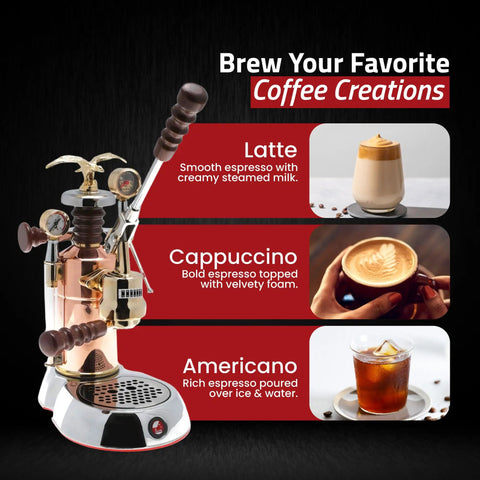 Handcrafted Italian 16 Cup Lever Espresso Machine Featuring Chrome Copper Body And Rosewood Handles Dual Frothing System showcases lattes, cappuccinos, and americanos.