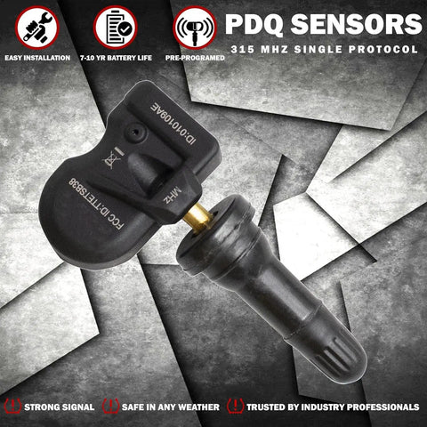 Heavy Duty TPMS Tire Pressure Sensors Four Pack With Durable Rubber Stems For Chevy Gmc Cadillac Buick Pontiac Straight Up Swap Oem Replacement 13533166 No Sweat Install Bulletproof Vibes, showing sensor with black rubber stem.