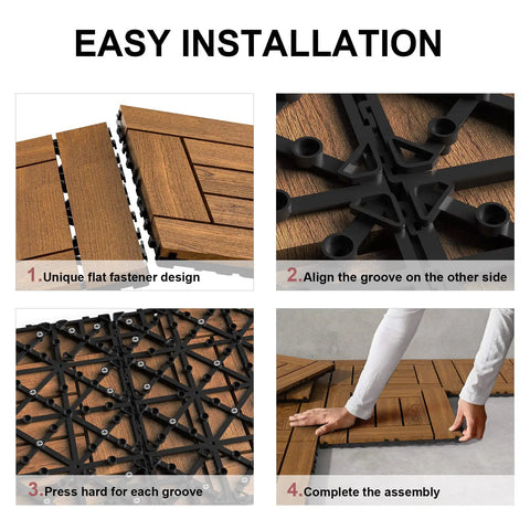 Installation steps of Interlocking Pine Deck Tiles 27 Pack 11.8 By 11.8 Inches Outdoor Patio Flooring Waterproof All Weather.