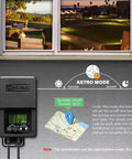 Outdoor Low Voltage Transformer 60W With Timer And Built In Photo Sensor For 12V Landscape Lighting shown with astro mode display