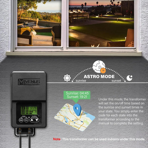Outdoor Low Voltage Transformer 60W With Timer And Built In Photo Sensor For 12V Landscape Lighting shown with astro mode display