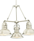 Three Light Indoor Chandelier In Brushed Nickel Finish With Prismatic Lens For Dining Room Or Living Room Foyer Vintage Style And Cool Modern Industrial Vibe