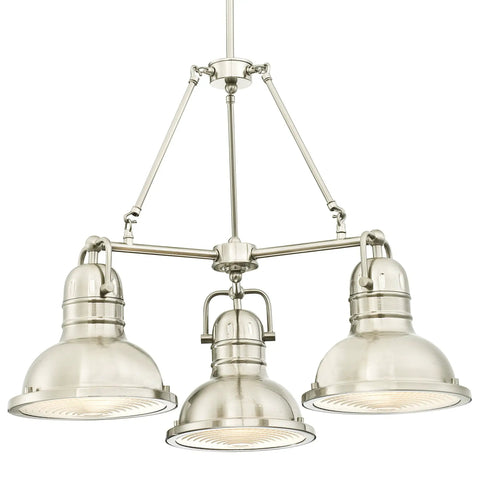 Three Light Indoor Chandelier In Brushed Nickel Finish With Prismatic Lens For Dining Room Or Living Room Foyer Vintage Style And Cool Modern Industrial Vibe