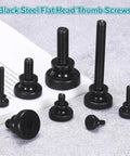 15 Piece M5 X 12mm Black Steel Knurled Thumb Screws With Shoulder Grip Knobs for no sweat hand tightening on textured surface.
