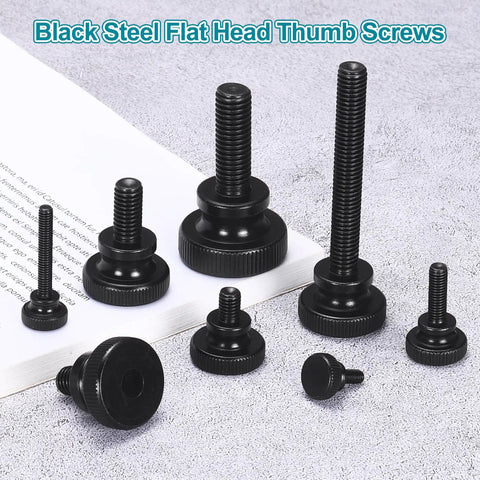 20 Pieces M4 X 25mm Knurled Thumb Screws Black Steel Flat Head bolts on white background