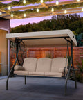 Three Seat Outdoor Porch Swing With Adjustable Canopy, Comfy Waterproof Cushions And Pillow, Foldable Side Tray For Patio Or Backyard