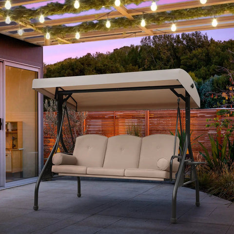 Three Seat Outdoor Porch Swing With Adjustable Canopy, Comfy Waterproof Cushions And Pillow, Foldable Side Tray For Patio Or Backyard