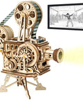 Vitascope 3D Wooden Puzzle Kit For Adults projecting a black and white film, mechanical model building set with 183 parts.