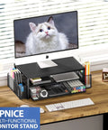 Desk Organizer and Monitor Stand With Drawer and Two Pen Holders for Laptop Setup on a wooden desk setup with stationery.