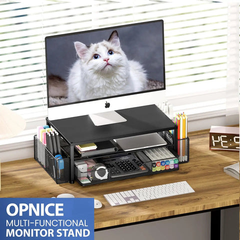Desk Organizer and Monitor Stand With Drawer and Two Pen Holders for Laptop Setup on a wooden desk setup with stationery.
