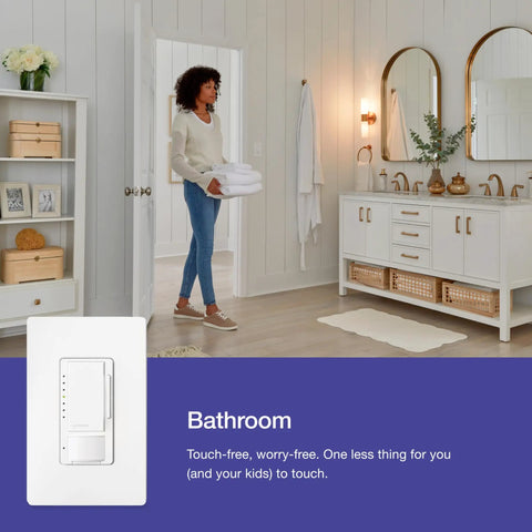 Motion Sensor Dimmer Switch With Hands Free Operation For Bathroom, Occupancy and Vacancy Sensor, Gray Finish, shown in bathroom setting