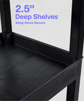 Close-up of Three Tier Rolling Utility Cart With Locking Wheels Heavy Duty Cart Supports 300 Lbs Ideal For Garage Kitchen And Office Storage Durable Plastic Shelves Black 32 By 18 Inches showing deep black shelf.