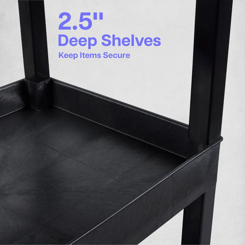 Close-up of Three Tier Rolling Utility Cart With Locking Wheels Heavy Duty Cart Supports 300 Lbs Ideal For Garage Kitchen And Office Storage Durable Plastic Shelves Black 32 By 18 Inches showing deep black shelf.