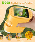 Hand holding 1000X Handheld Digital Microscope For Kids Pocket Microscope With 2 Inch IPS Screen showing butterfly on display