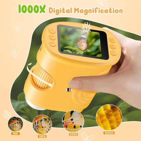 Hand holding 1000X Handheld Digital Microscope For Kids Pocket Microscope With 2 Inch IPS Screen showing butterfly on display