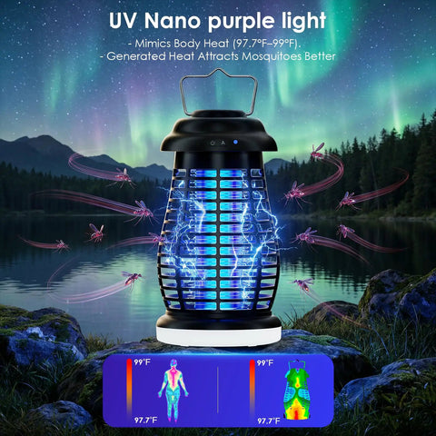 Cordless Bug Zapper For Indoor Outdoor Use With 4800mAh Rechargeable Battery Auto On Off Portable Mosquito Killer For Patio Backyard Camping Kitchen Electric Fly Trap With 4200V High Voltage glowing in outdoor setting