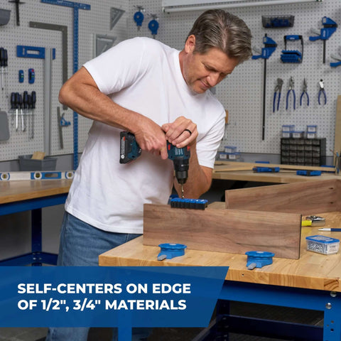 Kreg portable drilling guide with six hardened drill guides in use on wood by a craftsman with a cordless drill.