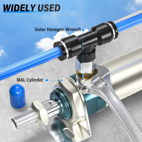 Push To Connect Female Branch Tee Fittings 1/4 Inch Tube OD To 1/4 Inch NPT Thread installed on pneumatic system