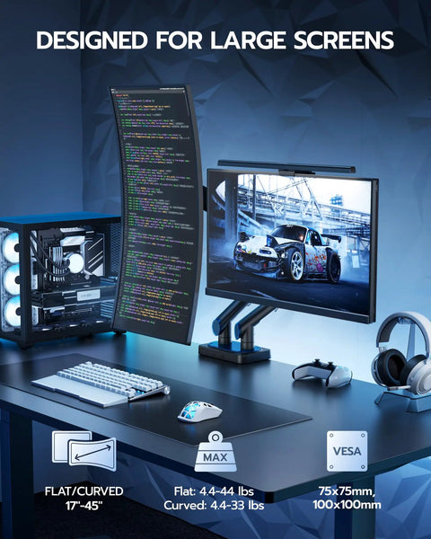 Heavy Duty Dual Monitor Arm For Ultrawide Screens 17 To 45 Inch Full Motion Tilt Swivel Rotation Rock Solid Zero Wobble Desk Mount With Smooth Glide Adjustments Matte Black with dual curved and flat screens.