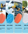 16 Pc Drill Brush Car Detailing Kit With Soft Bristle Scrubber And Extend Attachment showing sponges and wool pad
