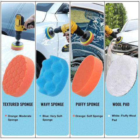 16 Pc Drill Brush Car Detailing Kit With Soft Bristle Scrubber And Extend Attachment showing sponges and wool pad