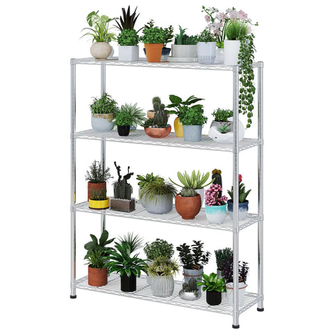 4 Tier Standing Adjustable Wire Shelving Unit With Fixed Feet For Rock Solid Stability And Wobble Free Storage, plants displayed