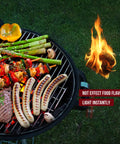 Grillin Ready Fire Starters for fireplace and grill beside sizzling sausages and veggies on a barbecue. Light instantly. Odorless.