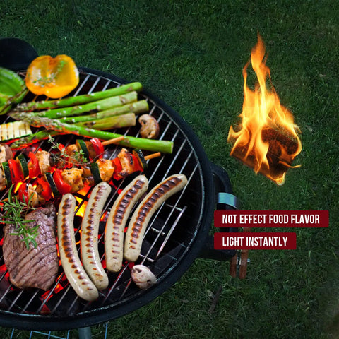 Grillin Ready Fire Starters for fireplace and grill beside sizzling sausages and veggies on a barbecue. Light instantly. Odorless.