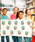 Children holding 120 Pieces Dope Succulent Name Tag Stickers Set With 12 Designs For Summer Back To School Classroom Office Desk Wall Decor Self Adhesive Blank Name Labels in a library.