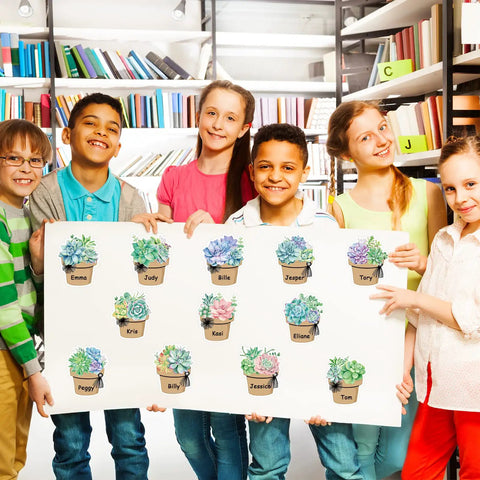 Children holding 120 Pieces Dope Succulent Name Tag Stickers Set With 12 Designs For Summer Back To School Classroom Office Desk Wall Decor Self Adhesive Blank Name Labels in a library.