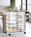 Rolling 15 Drawer Utility Cart For Tools Crafts And Office Beefy Heavy Duty Chrome Storage Organizer On Wheels With Locking Casters And Smooth Mobility For Garage And Workshop Organization