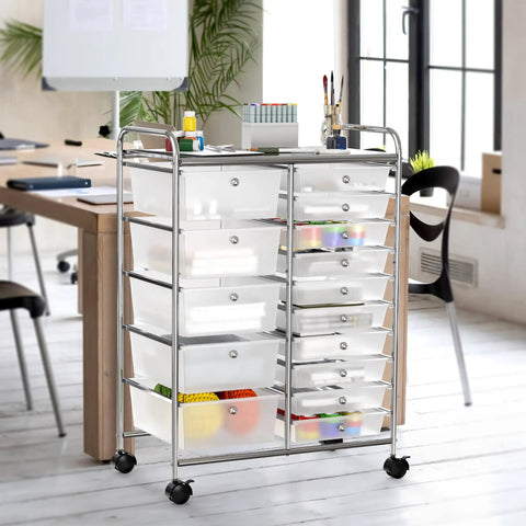 Rolling 15 Drawer Utility Cart For Tools Crafts And Office Beefy Heavy Duty Chrome Storage Organizer On Wheels With Locking Casters And Smooth Mobility For Garage And Workshop Organization