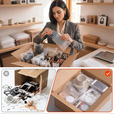 Woman using 200 Pcs Clear Bubble Pouches 4x6 Inch Bubble Wrap Bags for Moving and Shipping to protect electronics in a box.