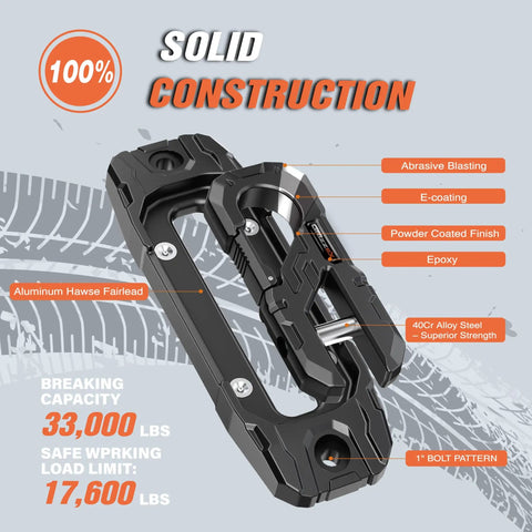 Beefy Heavy Duty Winch Fairlead With Hook For Off Road Recovery 33,000 Lbs Breaking Strength 17,600 Lbs Safe Working Load Aluminum Hawse Fairlead 40Cr Alloy Steel Core 1 Inch Bolt Pattern Fits Truck Jeep SUV ATV UTV Black, angled view