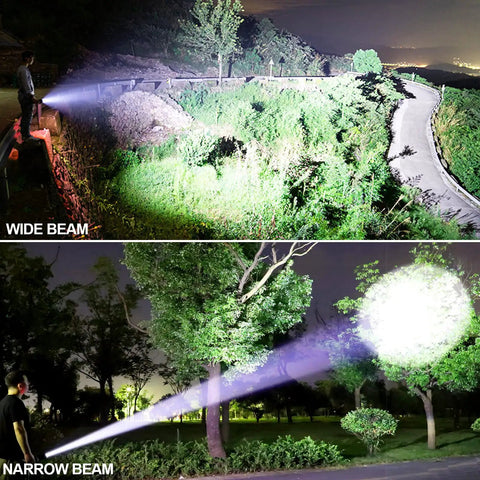 Rechargeable LED Flashlight 99,000 Lumens Ultra Bright Handheld Torch With 5 Modes, Waterproof, long beam and wide beam comparison