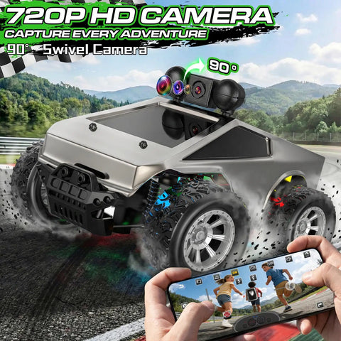 All Terrain RC Car With 720P HD FPV Camera And LED Lights racing on a track with phone control, real-time video streaming
