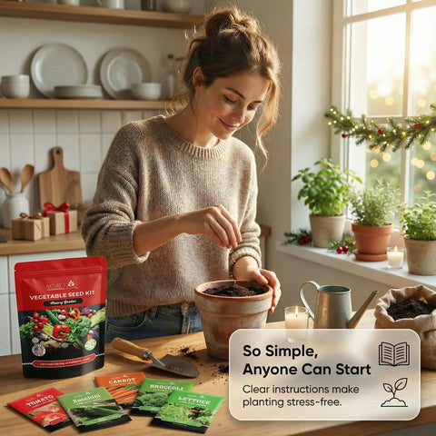 Woman planting with 11 Heirloom Vegetable And Fruit Seeds Pack For Home Garden, Non GMO Open Pollinated Variety Bundle on table