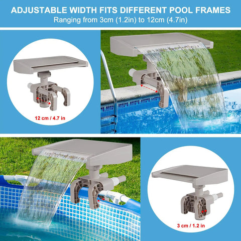 Pool Fountain Waterfall Attachment For Above Ground Pools With Frame Clamp Adjustable Width Beige Color relaxing cascade water feature installed on pool edge, showing adjustable clamp and water flow.